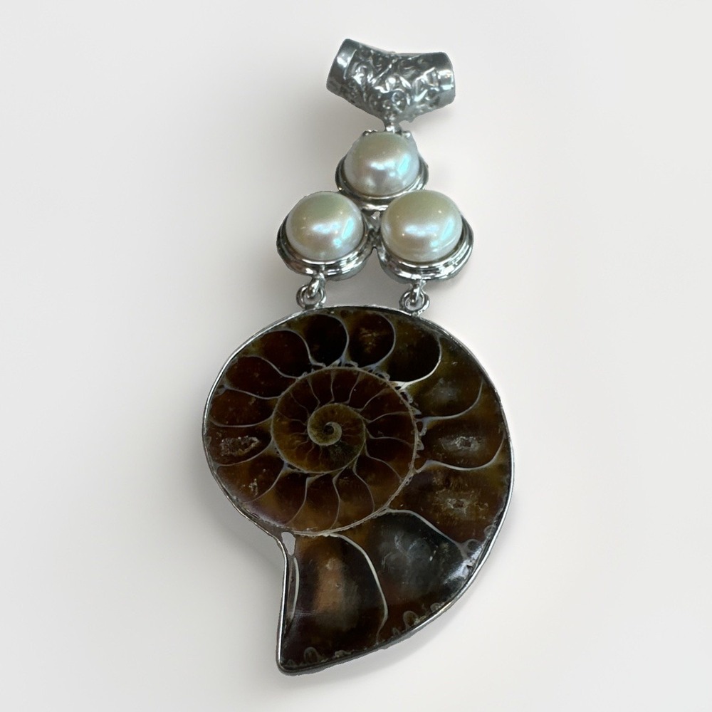 Natural Ammonite Fossil & White Pearl Cluster Pendant Silver Tone Statement